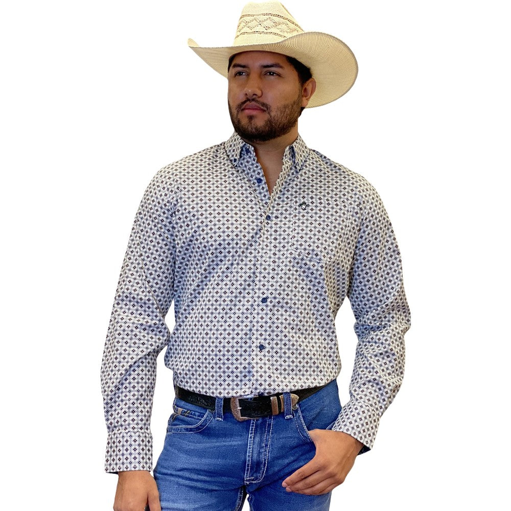 Starr Mens Printed Button Down Long Sleeve Shirt White Geo - SWPTBLS-398