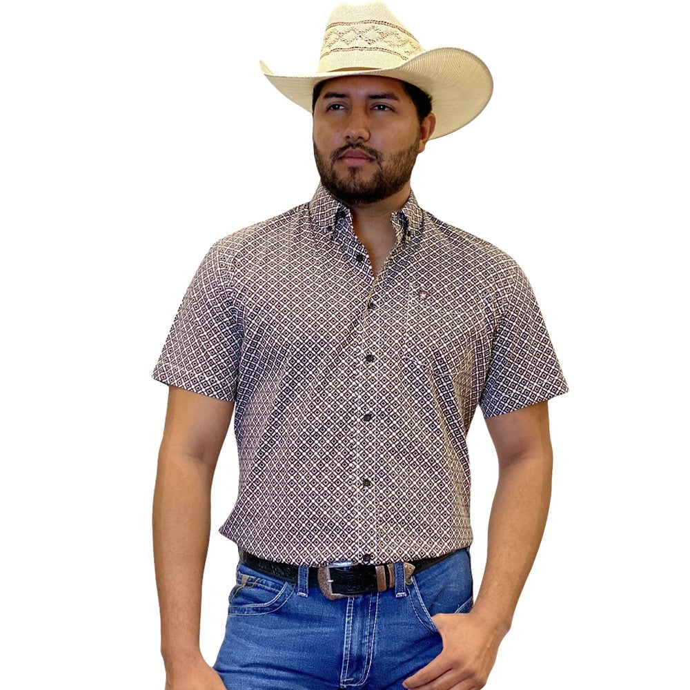 Starr Mens Printed Button Down Short Sleeve Shirt Black & Brown - SWPTBSS-385