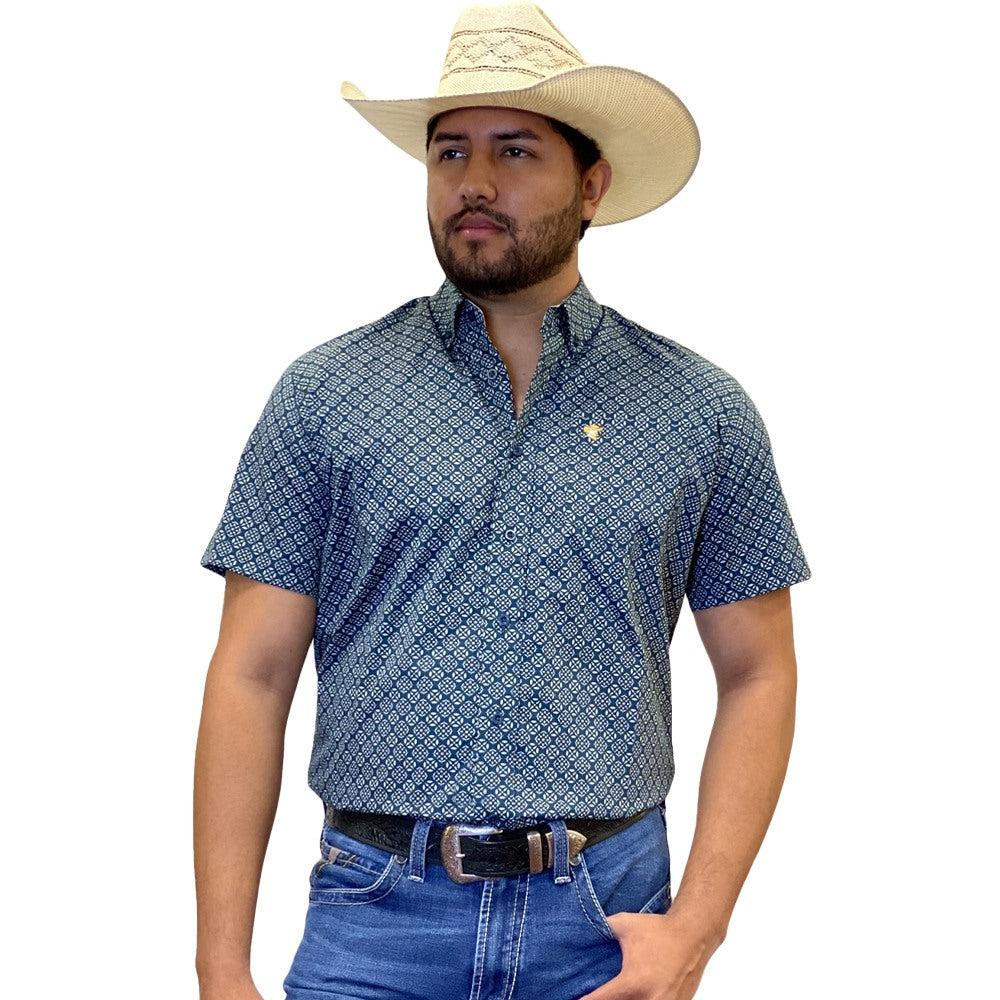 Starr Mens Printed Button Down Short Sleeve Shirt Blue Geo - SWPTBSS-394