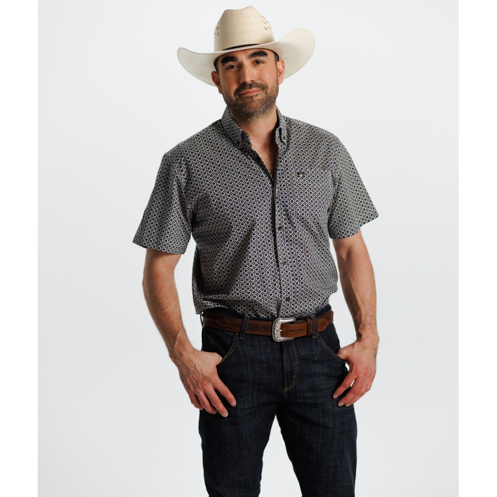 Starr Mens Printed Button Down Short Sleeve Shirt Blue Geo - SWPTBSS-405
