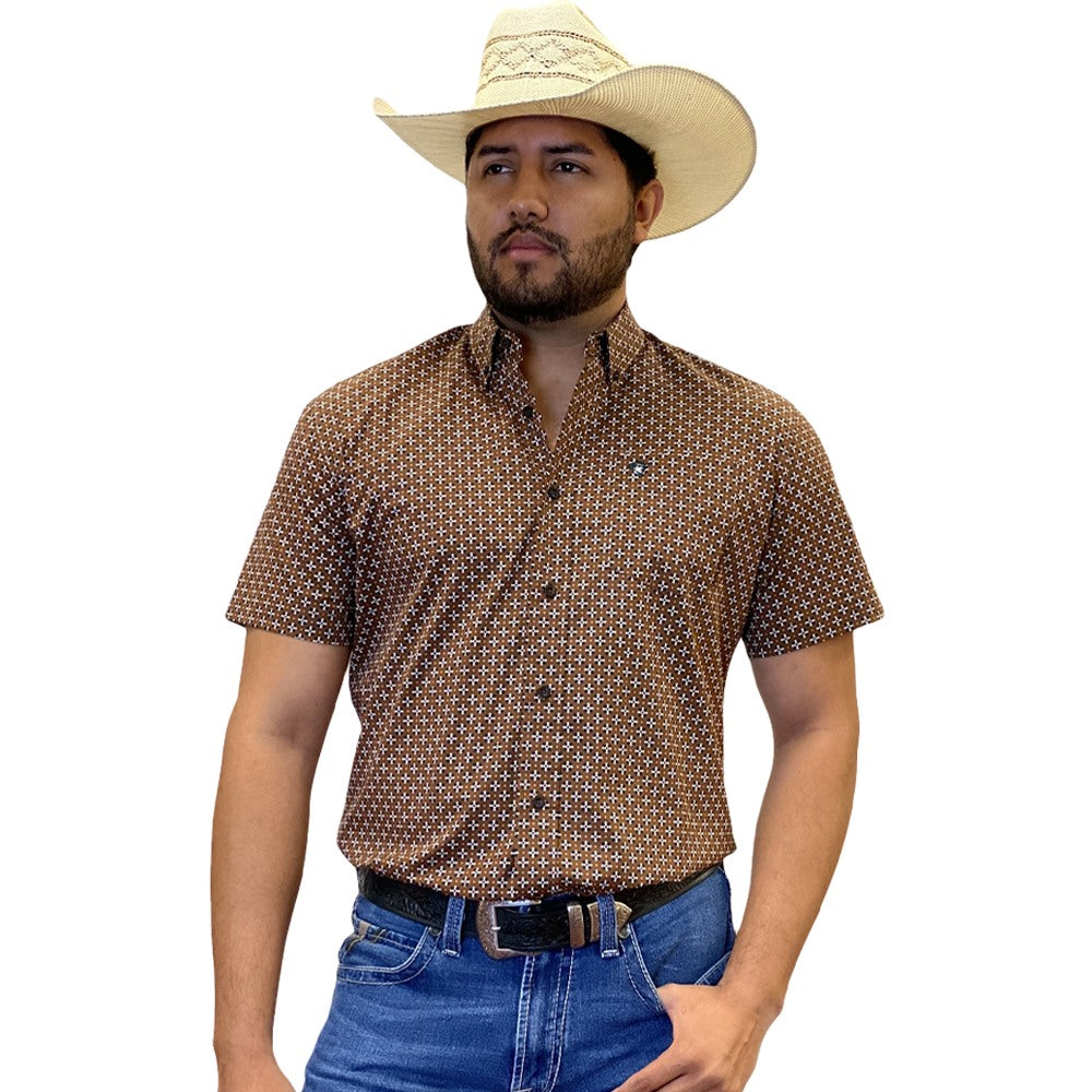 Starr Mens Printed Button Down Short Sleeve Shirt Brown - SWPTBSS-386