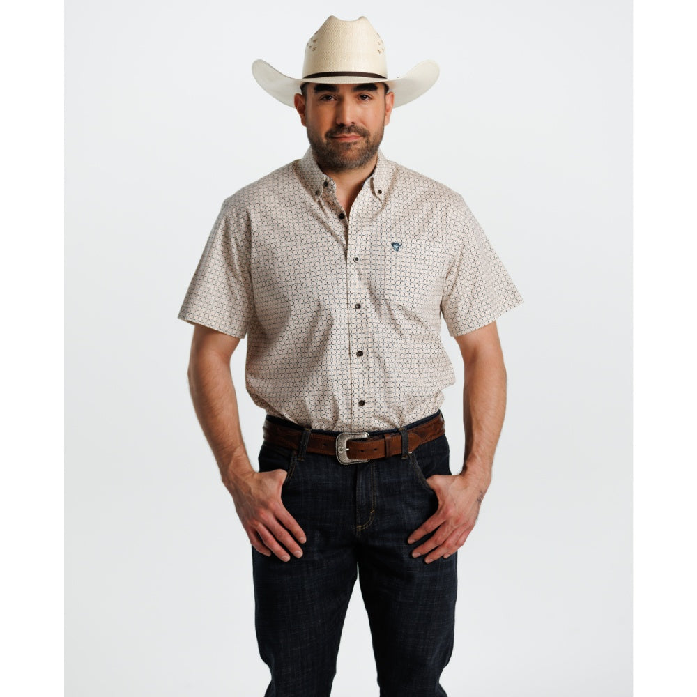 Starr Mens Printed Button Down Short Sleeve Shirt Cream/Blue Geo - SWPTBSS-410