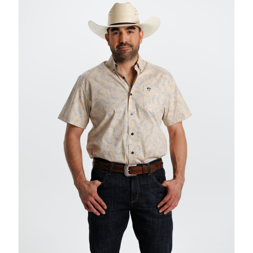 Starr Mens Printed Button Down Short Sleeve Shirt Cream Paisley - SWPTBSS-403