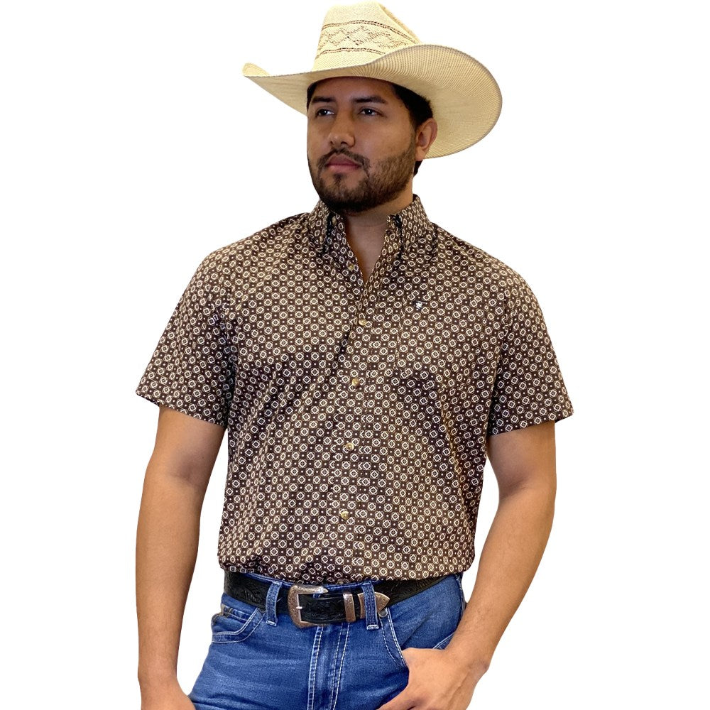 Starr Mens Printed Button Down Short Sleeve Shirt Geo Brown - SWPTBSS-390