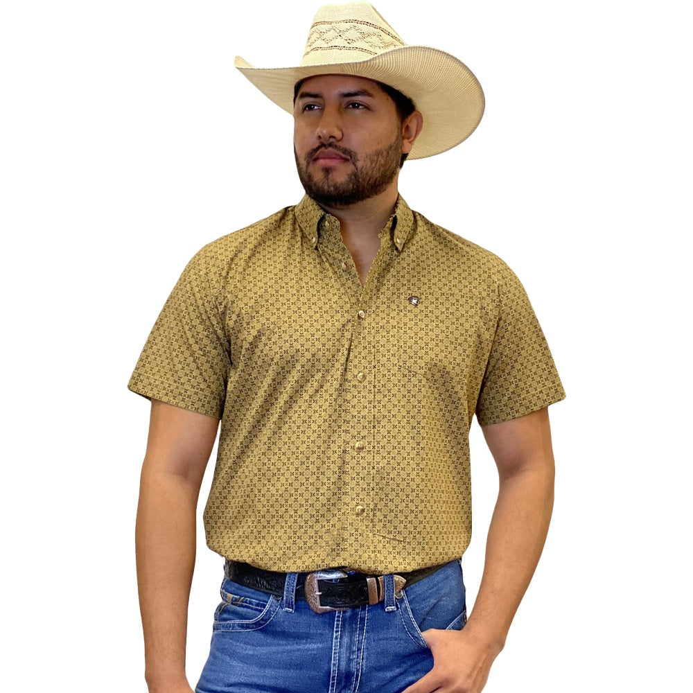 Starr Mens Printed Button Down Short Sleeve Shirt Mustard - SWPTBSS-391