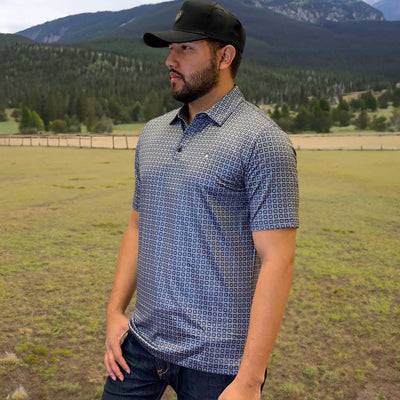 Starr Mens Printed Short Sleeve Polo Shirt Blue Geo Print