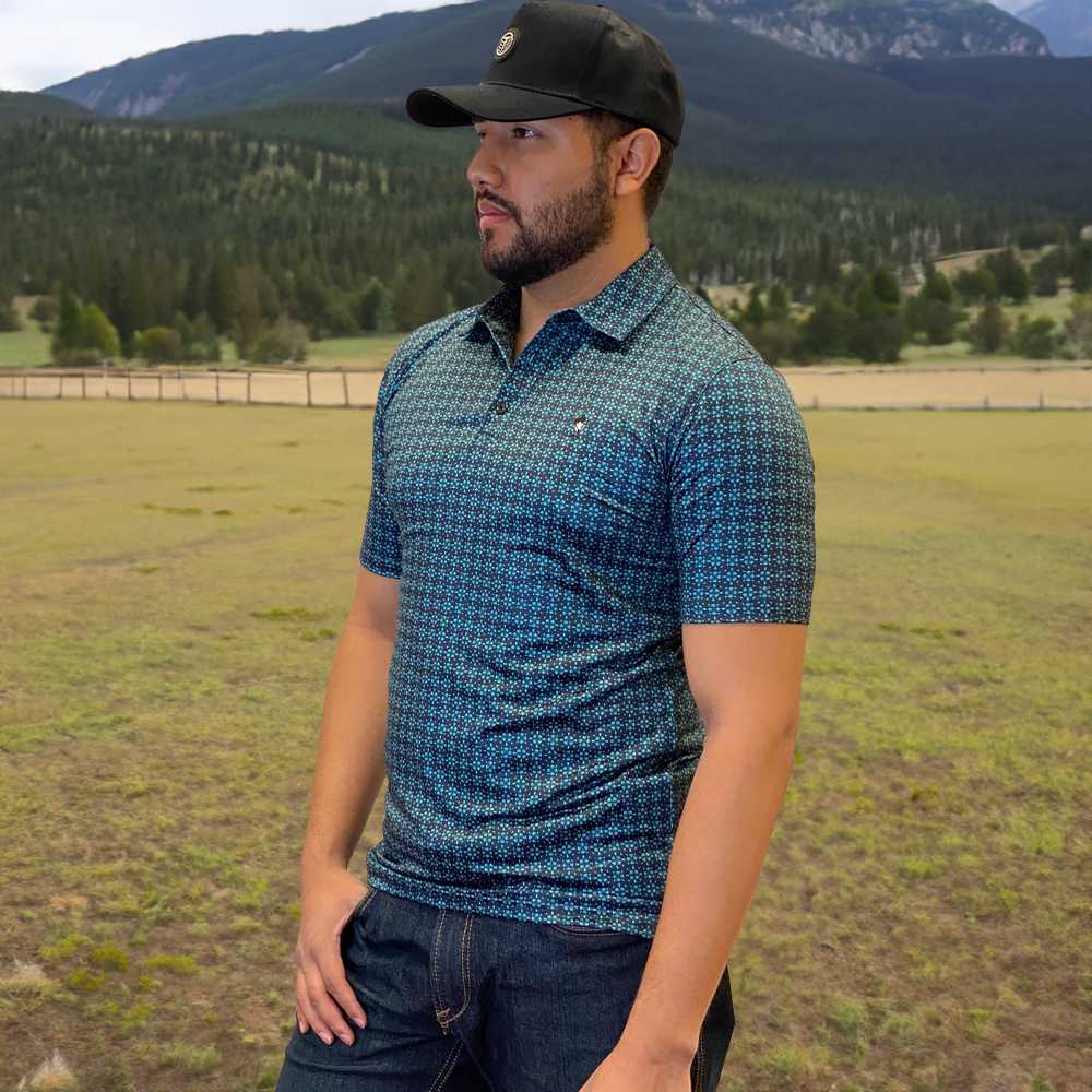 Starr Mens Printed Short Sleeve Polo Shirt Blue Geo 