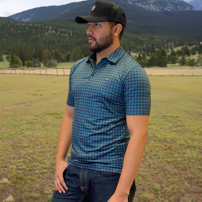 Starr Mens Printed Short Sleeve Polo Shirt Blue Geo
