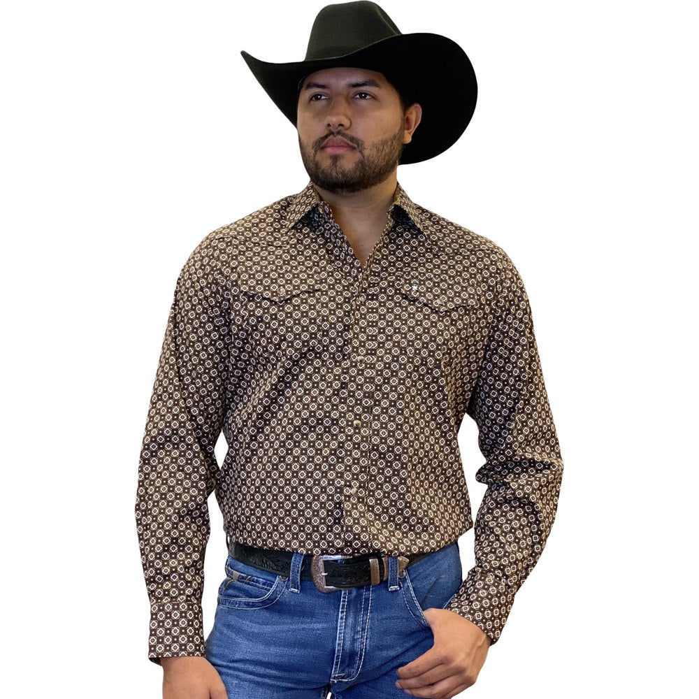 Starr Mens Printed Snap Long Sleeve Shirt Geo Brown - SWPTSLS-390
