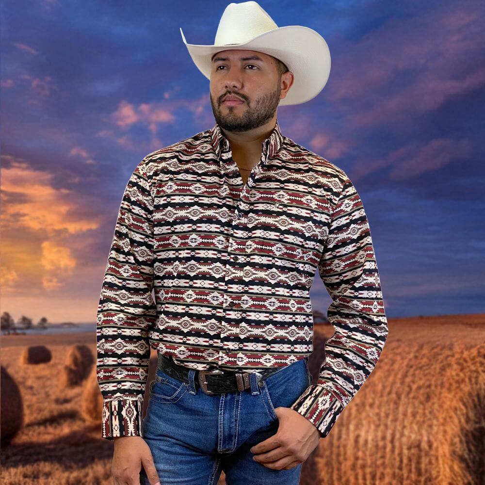 Starr Mens Western Button Down Long Sleeve Shirt Aztec Red - SWPTBLS-360