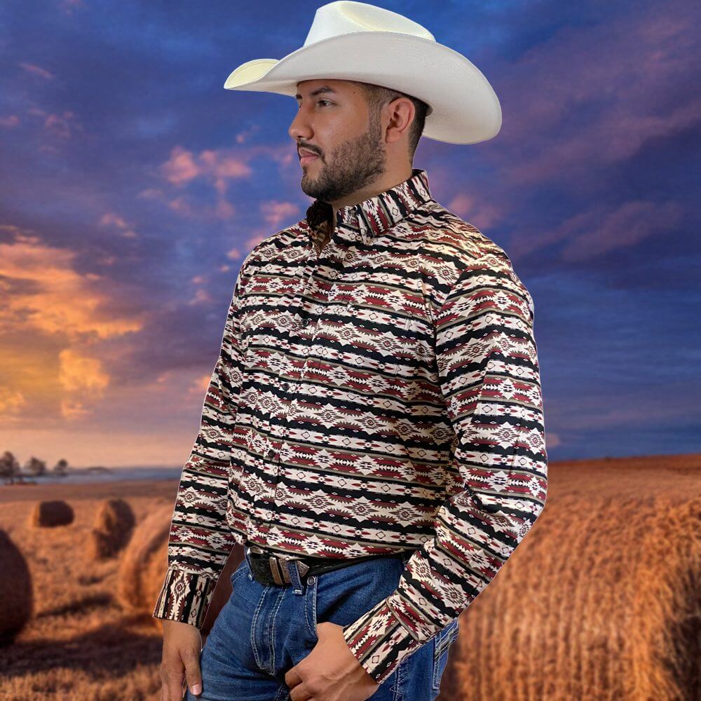 Starr Mens Western Button Down Long Sleeve Shirt Aztec Red - SWPTBLS-360
