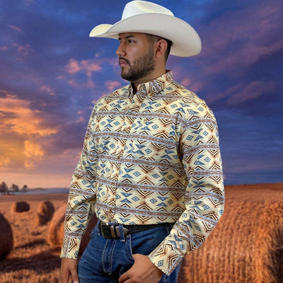 Starr Mens Western Button Down Long Sleeve Shirt Aztec Yellow - SWPTBLS-356