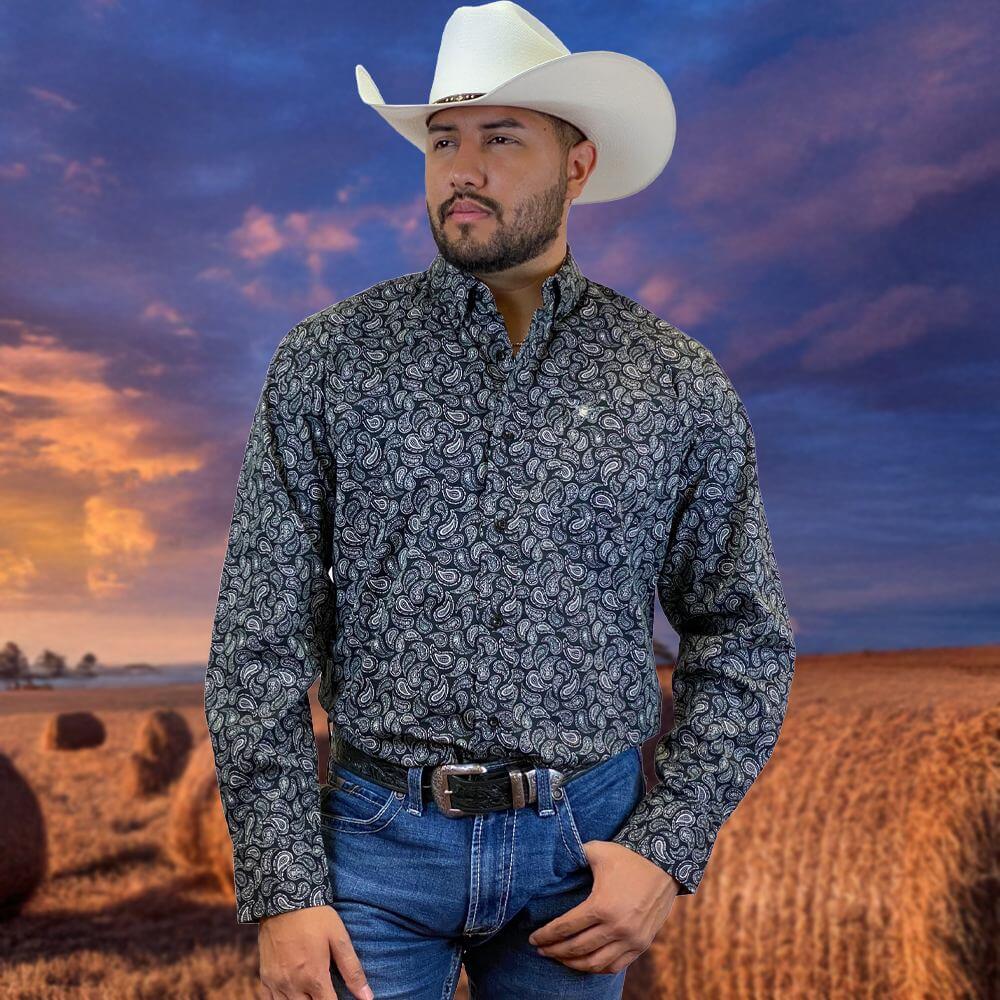 Starr Mens Western Button Down Long Sleeve Shirt Black Paisley - SWPTBLS-357