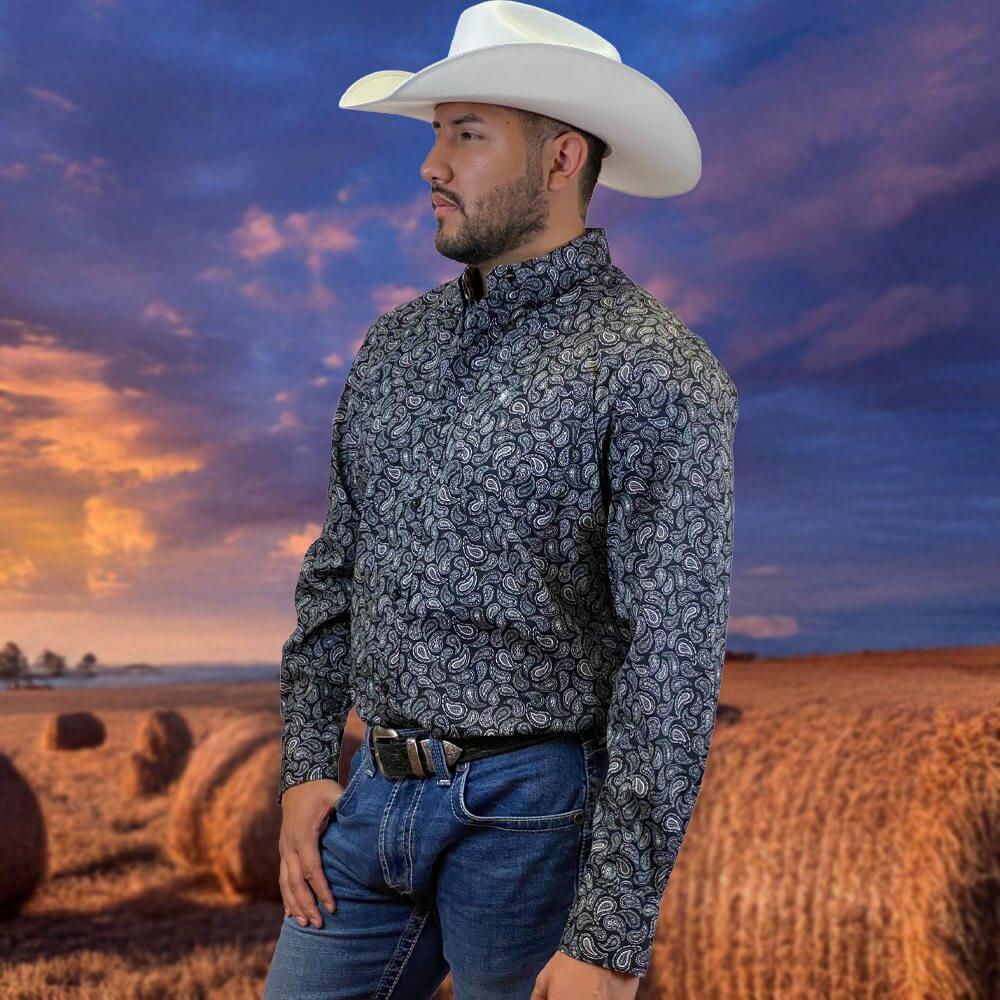 Starr Mens Western Button Down Long Sleeve Shirt Black Paisley - SWPTBLS-357