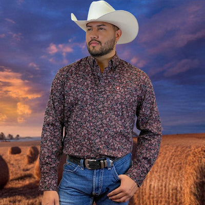 Starr Mens Western Button Down Long Sleeve Shirt Burgundy Paisley - SWPTBLS-359