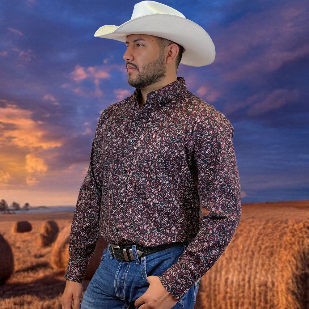 Starr Mens Western Button Down Long Sleeve Shirt Burgundy Paisley - SWPTBLS-359