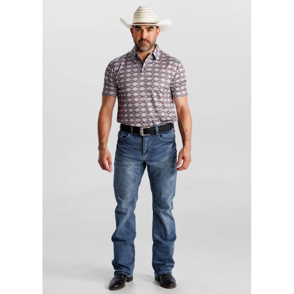 Starr Mens Western Printed Short Sleeve Polo Shirt Aztec/Grey - SWPRTPSS1740