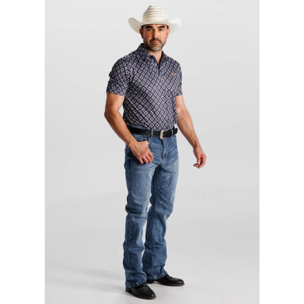 Starr Mens Western Printed Short Sleeve Polo Shirt Blue/Aztec - SWPRTPSS3296