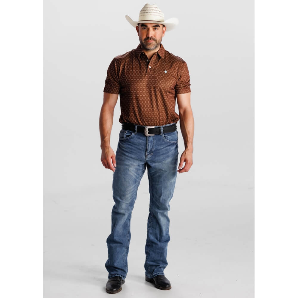 Starr Mens Western Printed Short Sleeve Polo Shirt Brown - SWPRTPSS3578