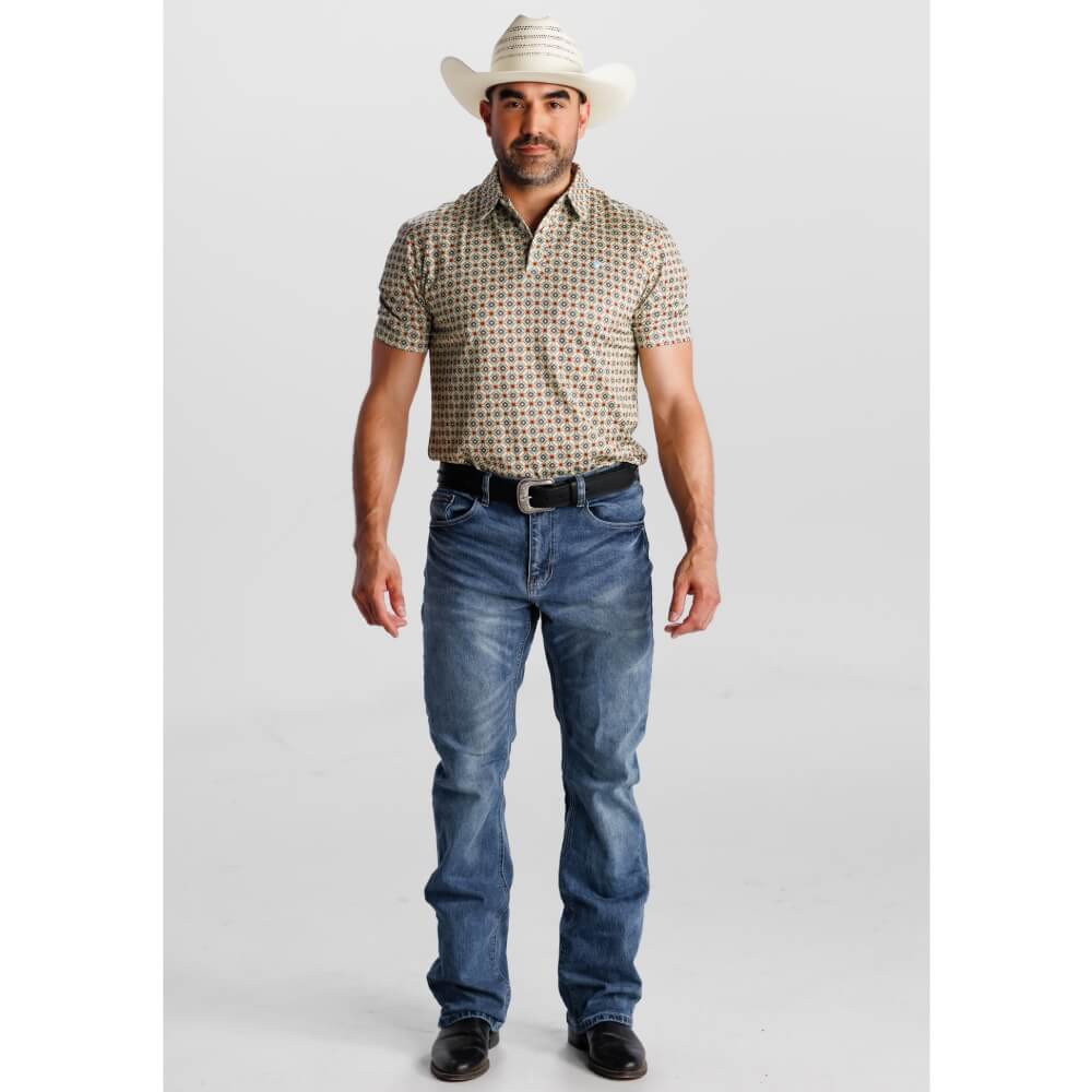 Starr Mens Western Printed Short Sleeve Polo Shirt Mint/Brown - SWPRTPSS3584