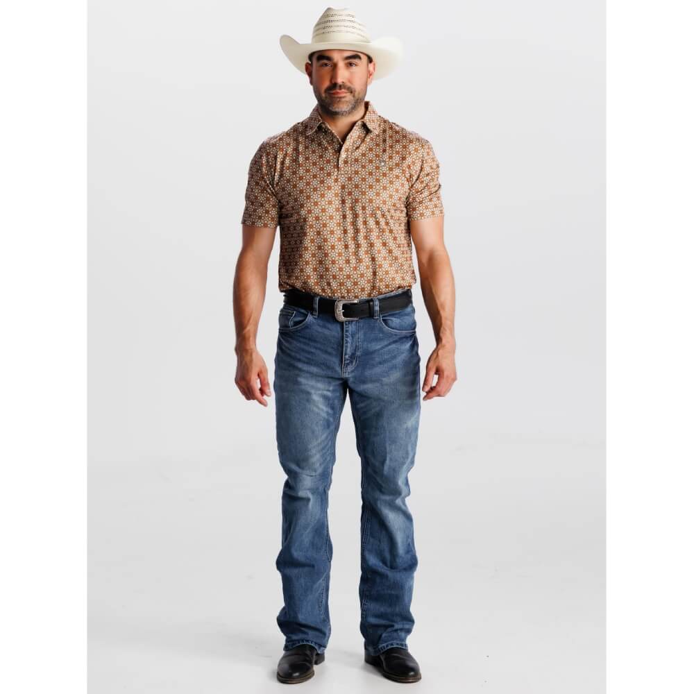 Starr Mens Western Printed Short Sleeve Polo Shirt Olive/Rust - SWPRTPSS3586