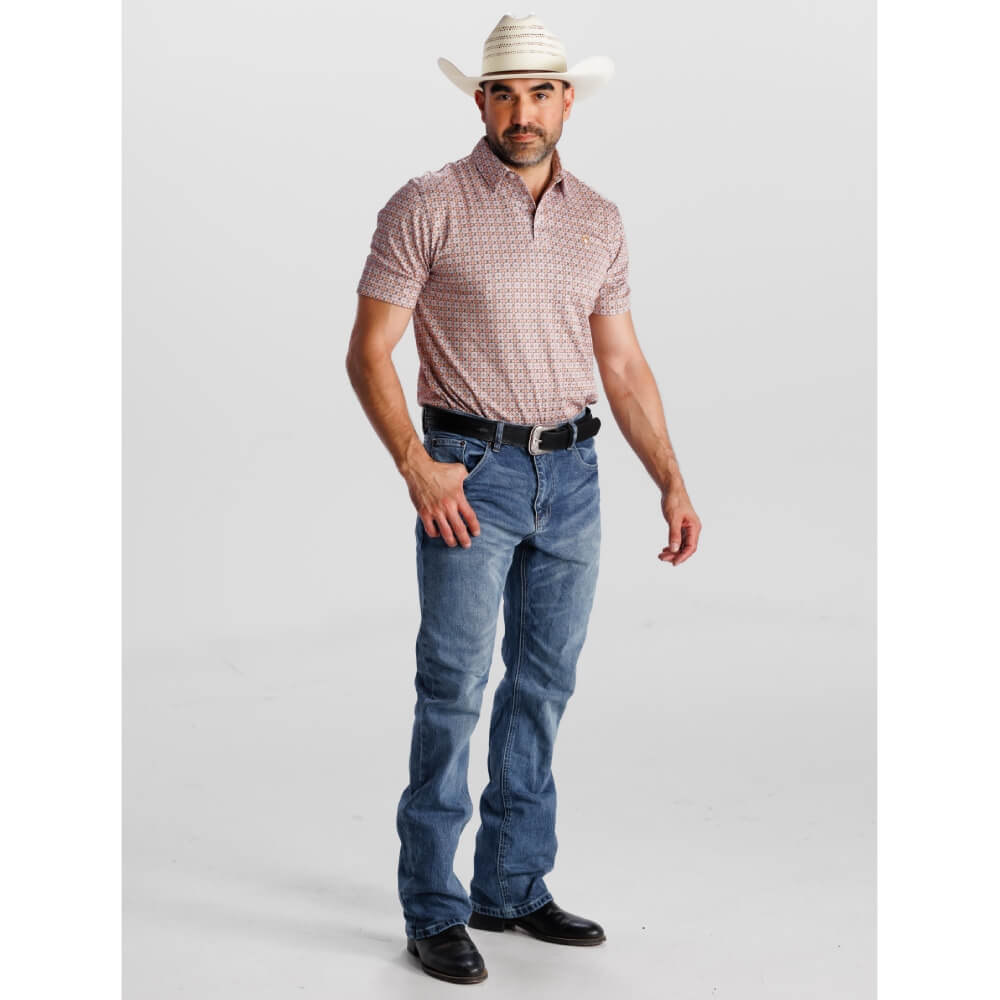 Starr Mens Western Printed Short Sleeve Polo Shirt Pink/Navy - SWPRTPSS3594