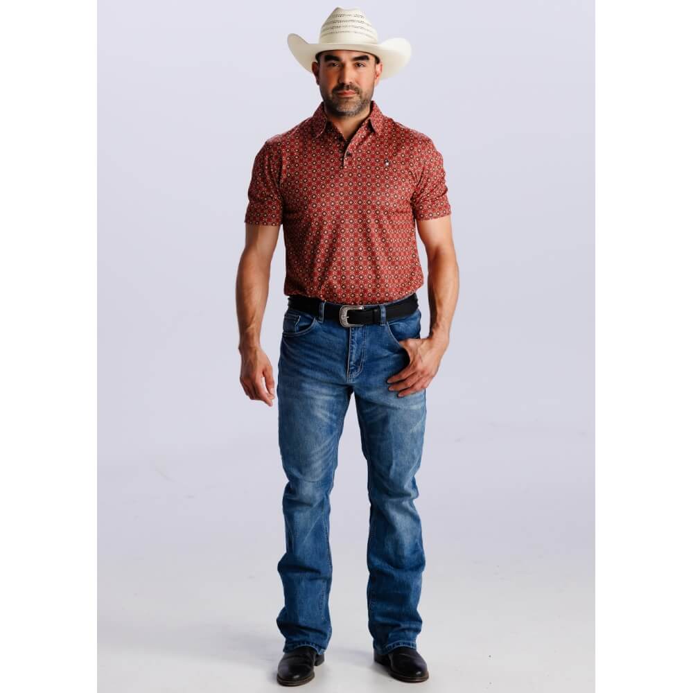 Starr Mens Western Printed Short Sleeve Polo Shirt Red/Black - SWPRTPSS3591