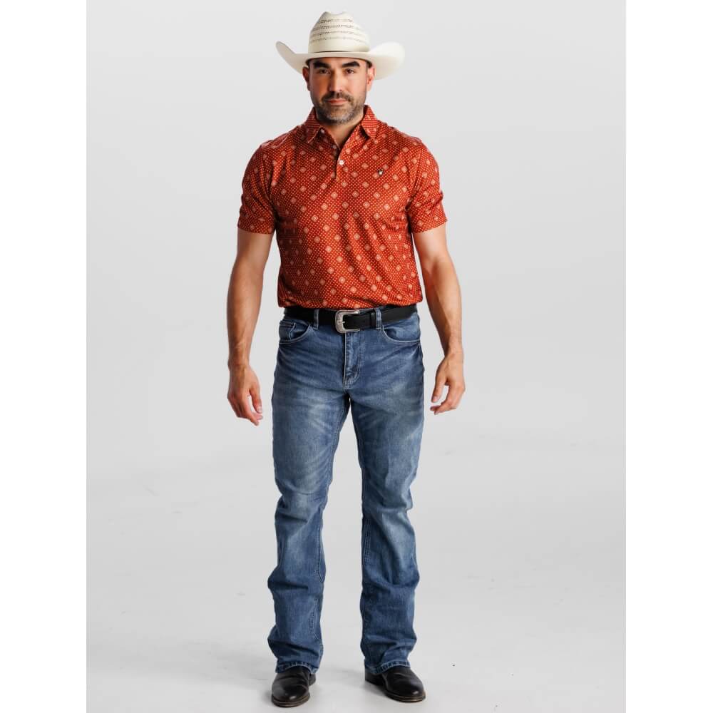 Starr Mens Western Printed Short Sleeve Polo Shirt Rust - SWPRTPSS3574
