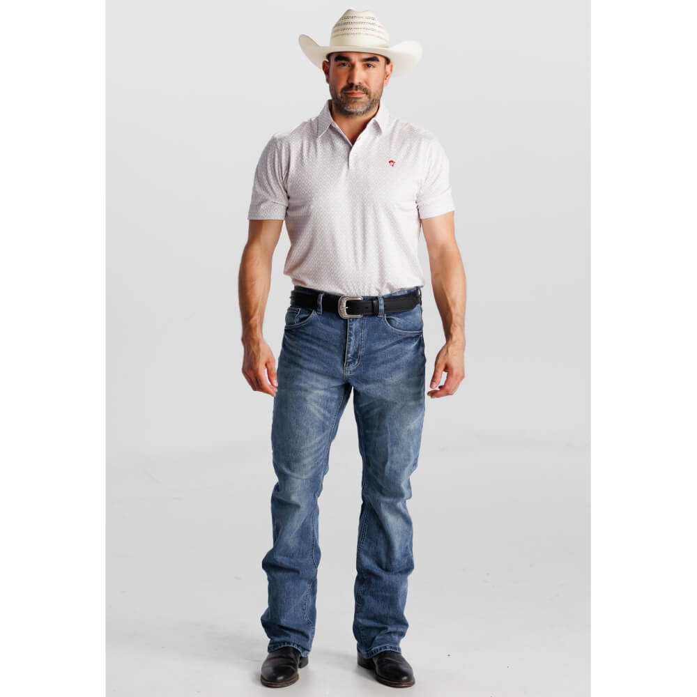 Starr Mens Western Printed Short Sleeve Polo Shirt White - SWPRTPSS2405