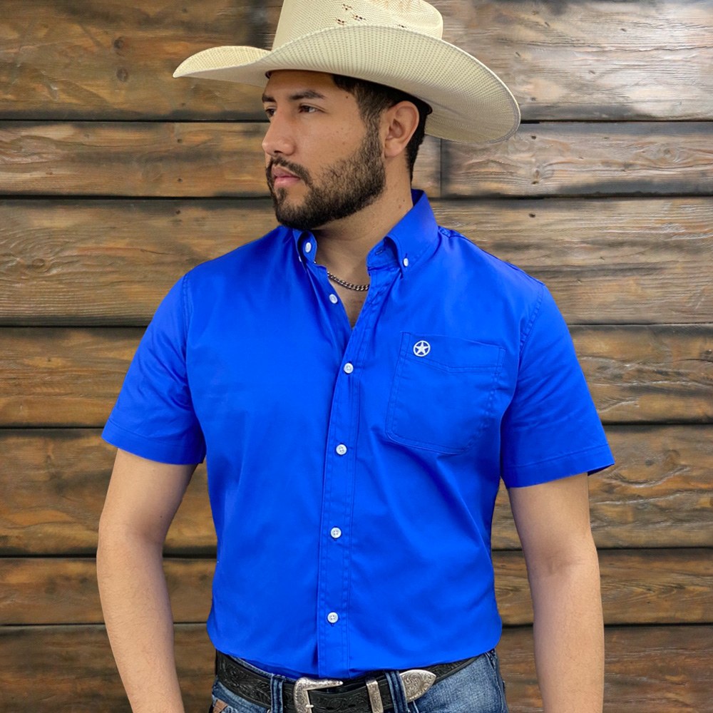 mens solid western button down blue