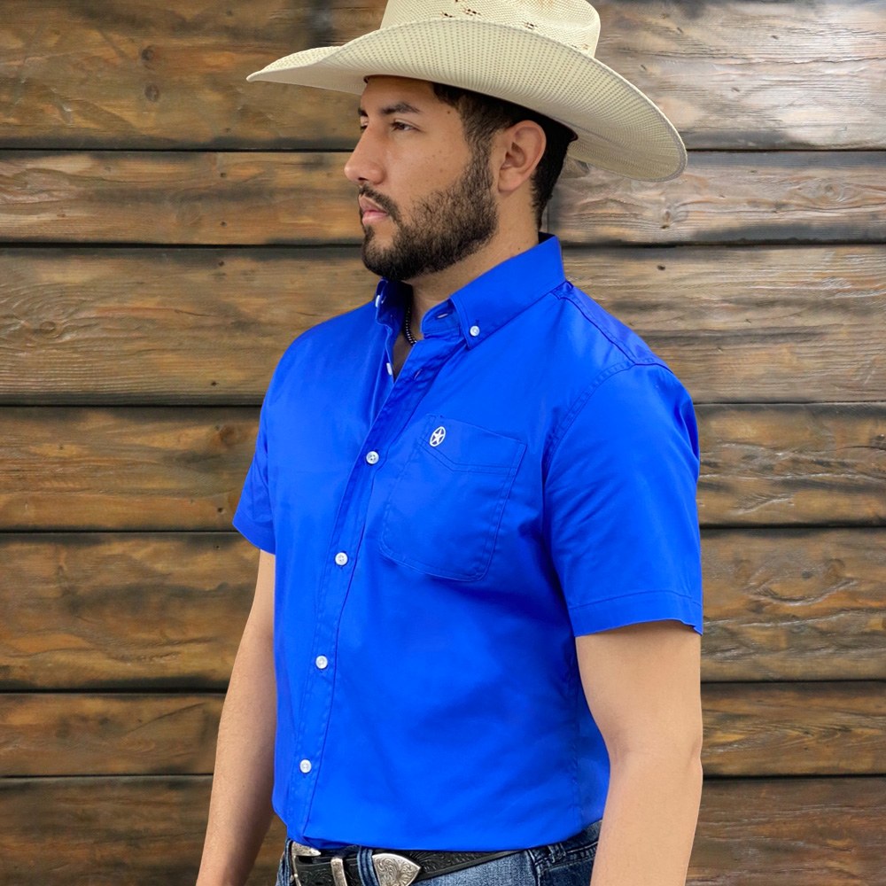 solid blue short sleeve button down