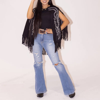 Sugar & Lace Fringe Suede Boot Stitch Cape Black - SLJO059-BLK