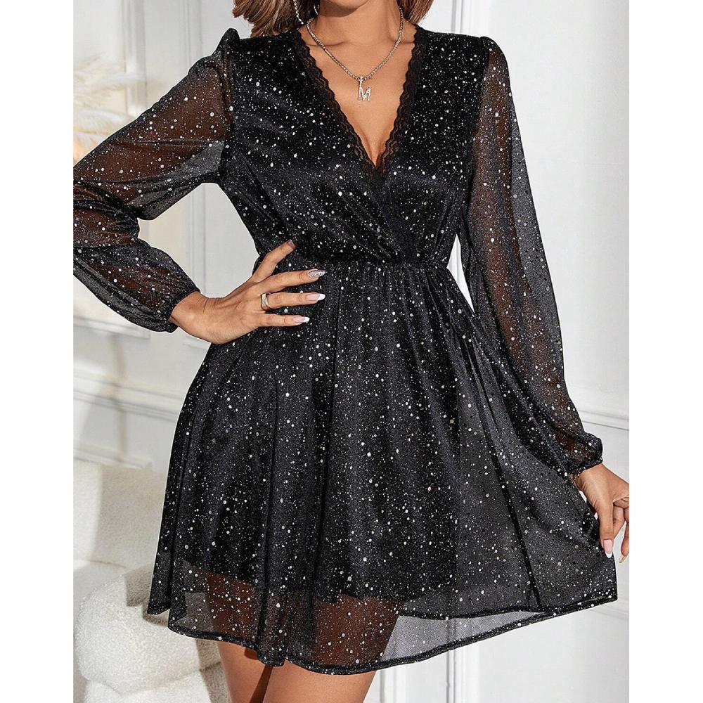 Sugar & Lace Womens Black Glitter Mesh Overlay Dress 