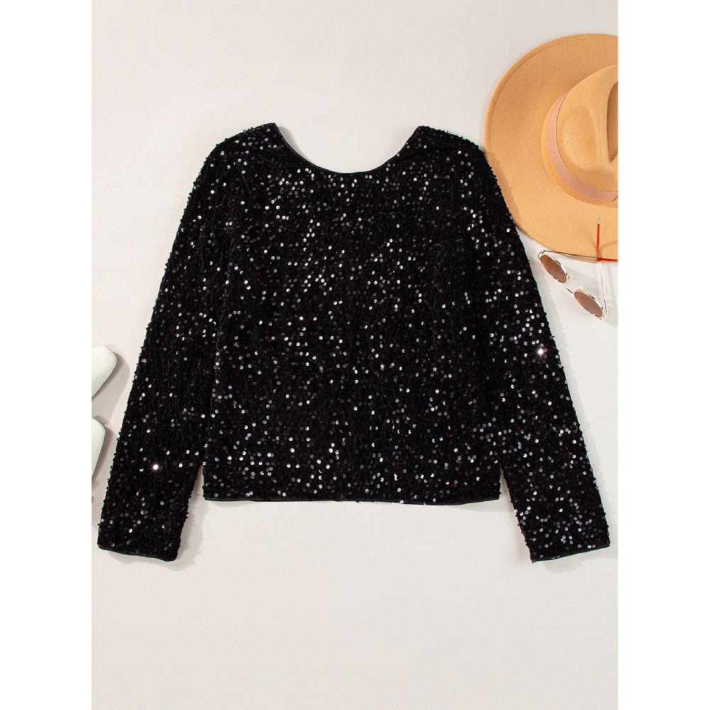 Sugar & Lace Womens Black Sequin Blouse