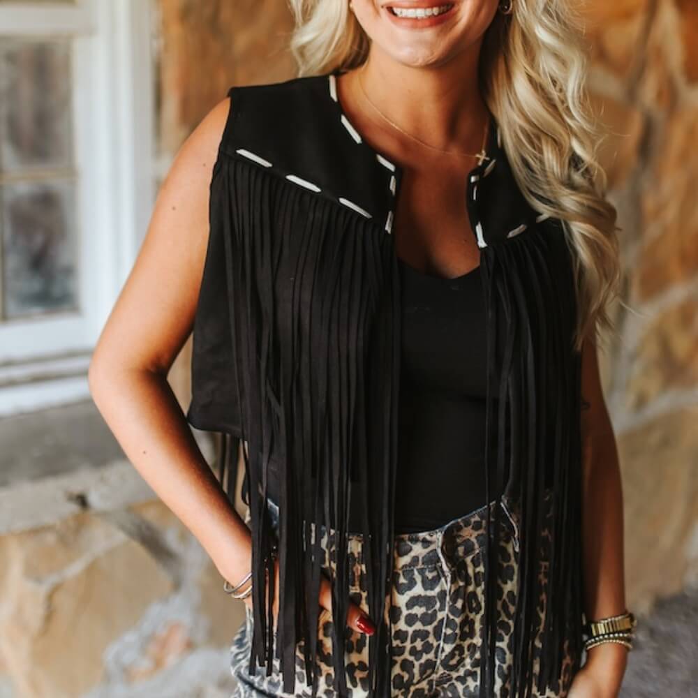 Sugar & Lace Womens Buck-stitch Fringe Vest Black - SLV2094-BLK