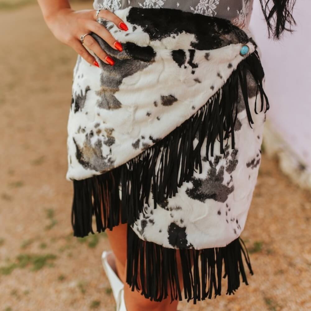 Sugar & Lace Womens Cowhide Fringe Studded Skirt Black - SLSK470-BLK