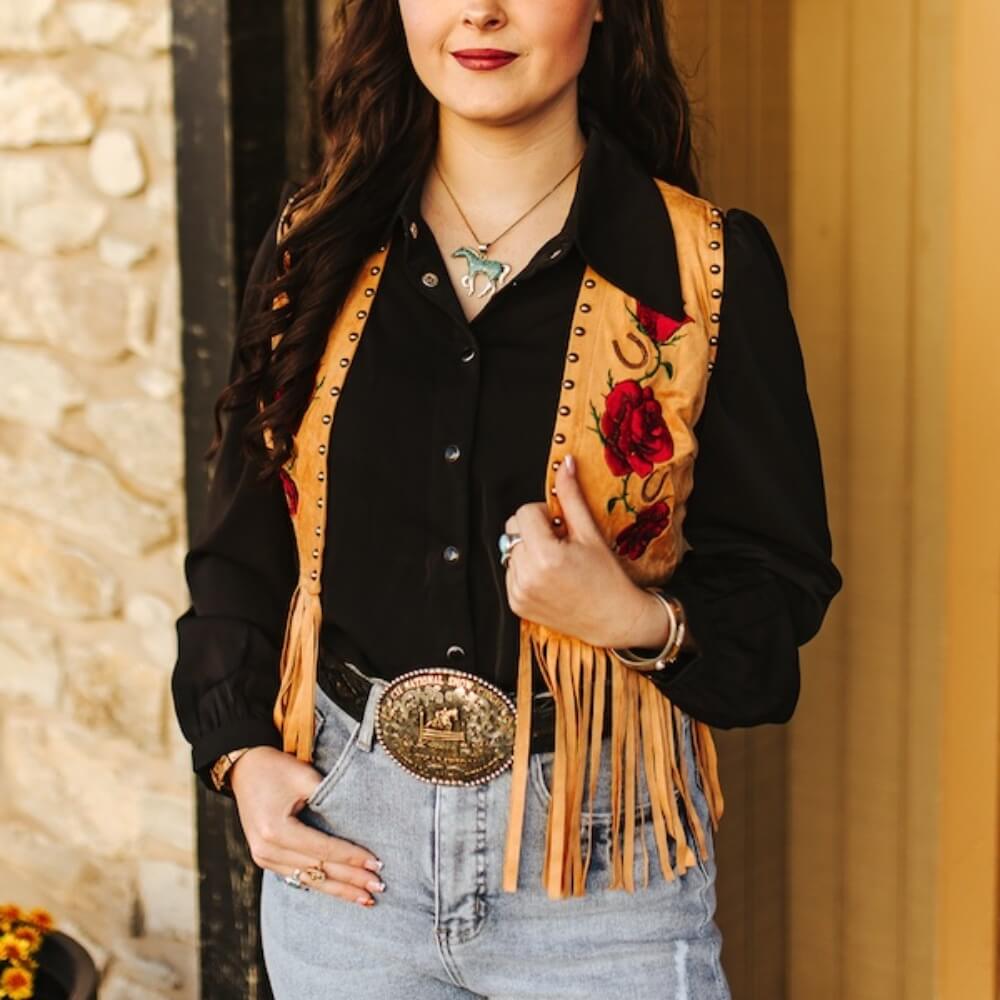 Sugar & Lace Womens Floral Embroidered Fringe Vest Camel - SLV2022-CML