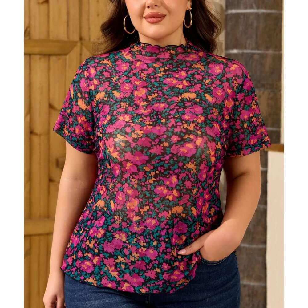 Sugar & Lace Womens Floral Mesh Blouse Rose - SL25136182-P620