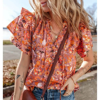 Sugar & Lace Womens Floral Print Ruffled Blouse
