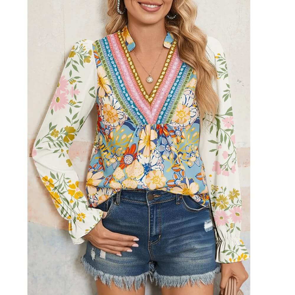 Sugar & Lace Womens Floral Print Ruffled Blouse Sky Blue - SL25132807-P420