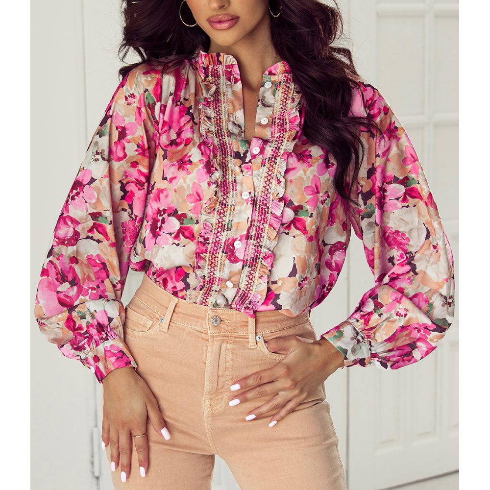 Sugar & Lace Womens Floral Print Ruffled Stitch Blouse