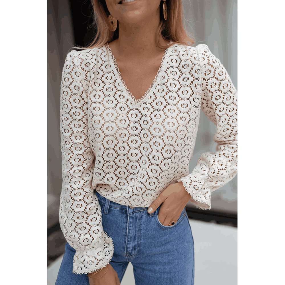 Sugar & Lace Womens Flower Lace V Neck Ruffled Sleeve Blouse Beige
