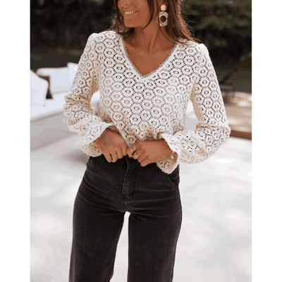 Sugar & Lace Womens Flower Lace V Neck Ruffled Sleeve Blouse Beige