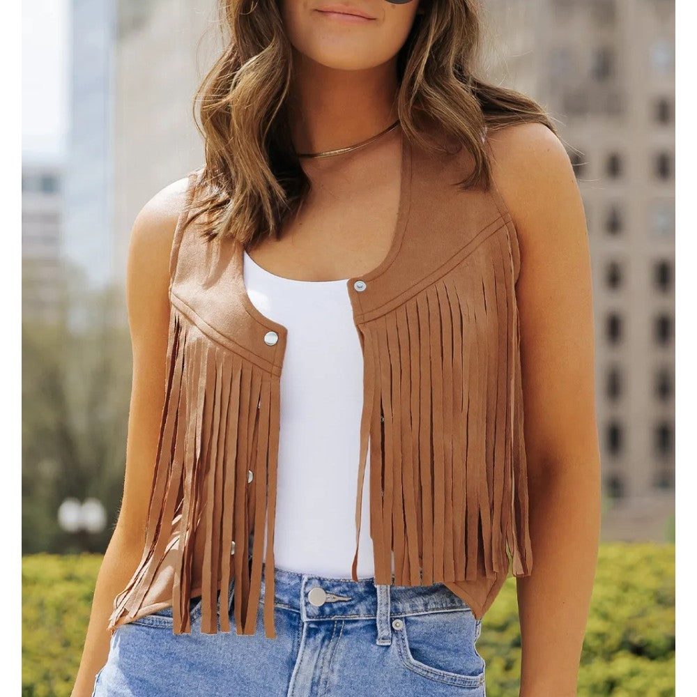 Sugar & Lace Womens Fringed Camel Vest