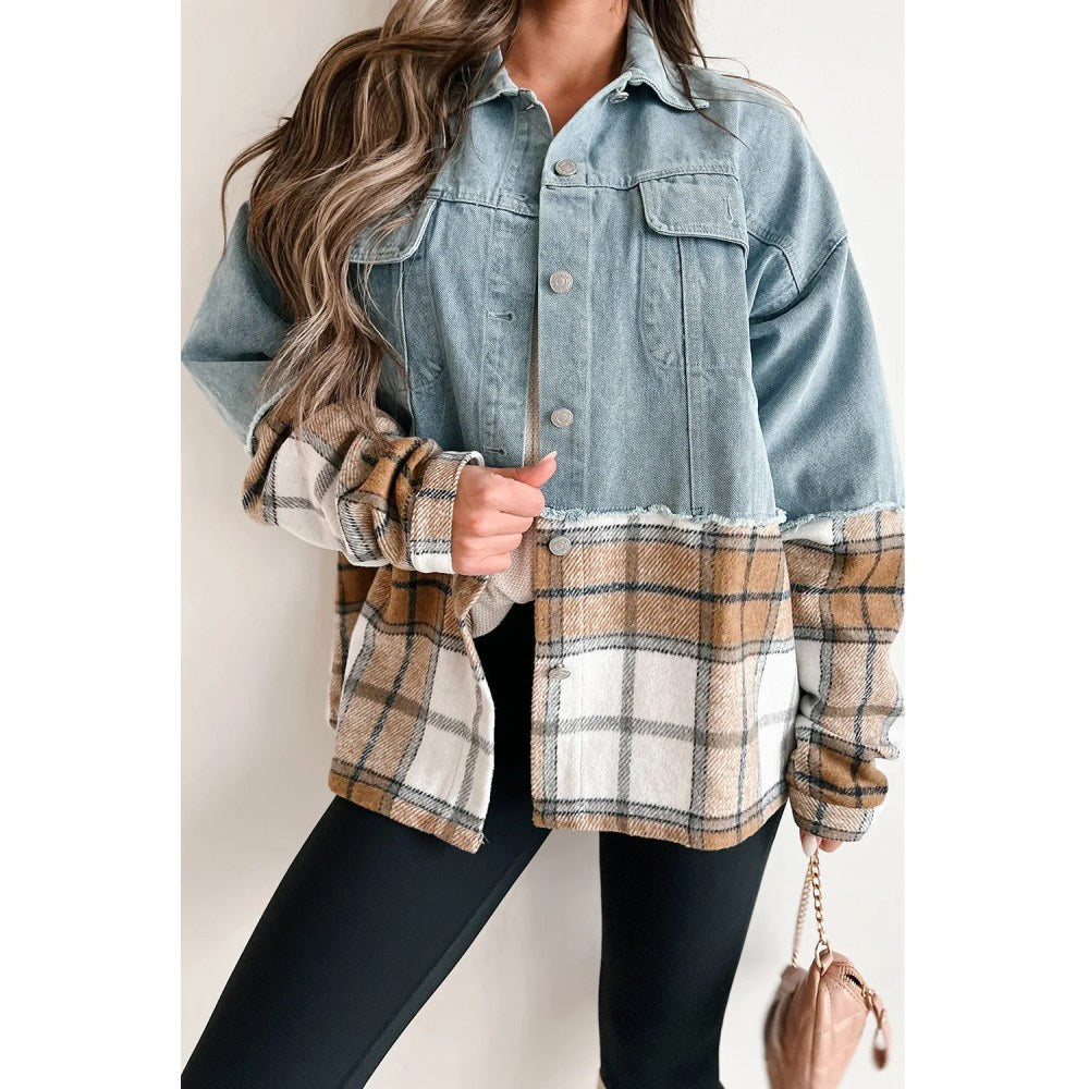 Sugar & Lace Womens Khaki Plaid Patchwork Denim Jacket