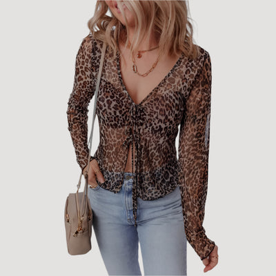Sugar & Lace Womens Leopard Lace-up Blouse