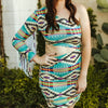 Sugar & Lace Womens One Sleeve Fringe Dress Turquoise Aztec - SLDR492-TURAZT