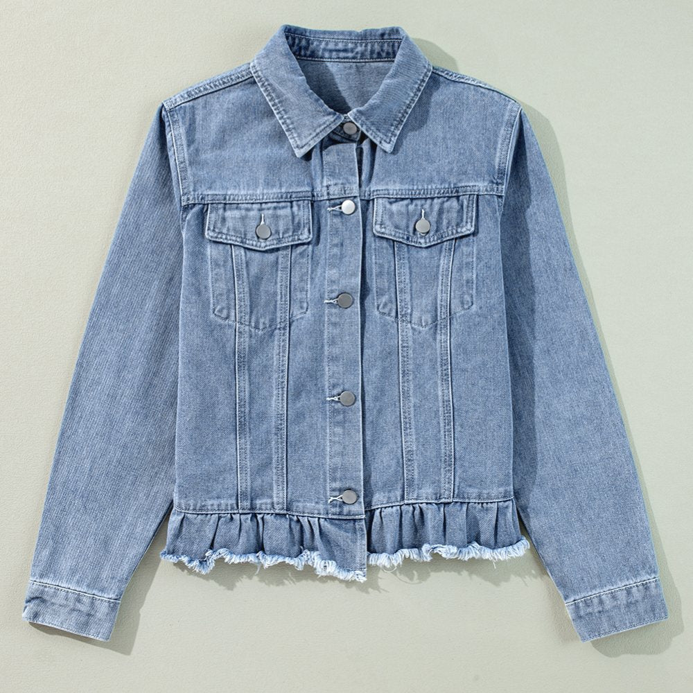 Sugar & Lace Womens Ruffle Raw Hem Flap Pockets Denim Jacket