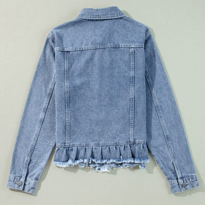 Sugar & Lace Womens Ruffle Raw Hem Flap Pockets Denim Jacket