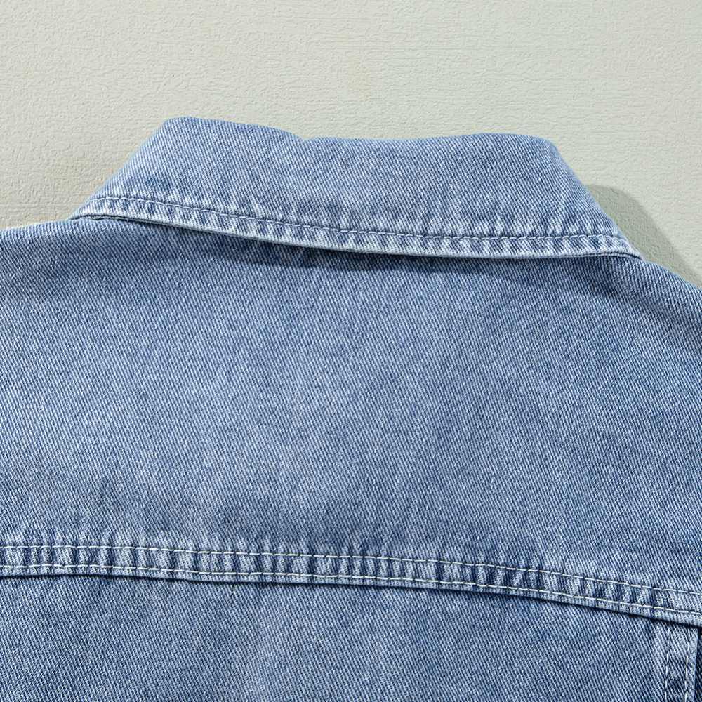 Sugar & Lace Womens Ruffle Raw Hem Flap Pockets Denim Jacket